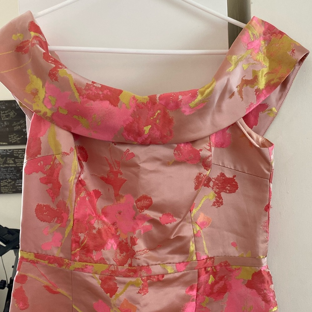 Teri Jon Rickie Freeman pink fuchsia yellow floral pencil sheath satin dress 12